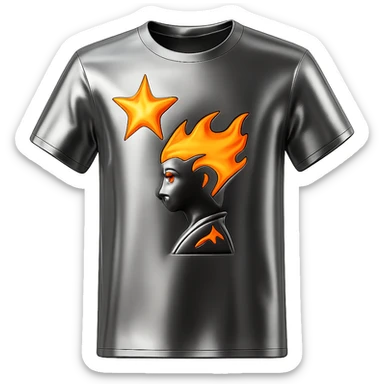 Isolate the flame t-shirt from the group and transform it into a 3D chrome metallic style, keeping all preset colors and details, highly reflective and shiny, no background. sticker