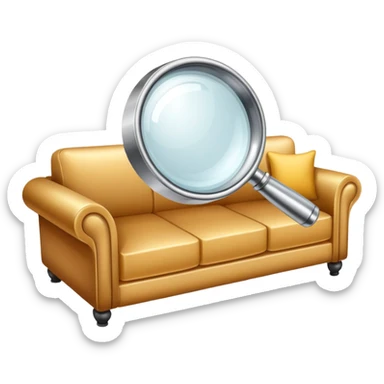 first-person view of a magnifying glass in foreground with a couch visible through the lens, furniture inspection sticker