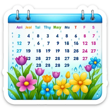 April 2024 calendar with spring flowers and raindrops sticker