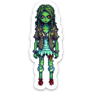 pixel art zombie girl, green skin, tattered clothes, cute and spooky sticker