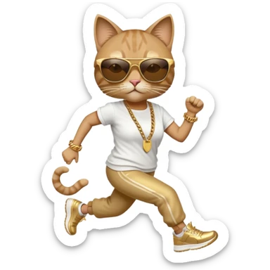 friendly anthropomorphised female cat in hip-hop Run DMC clothing, dark sunglasses, gold chains, jogging upright sticker