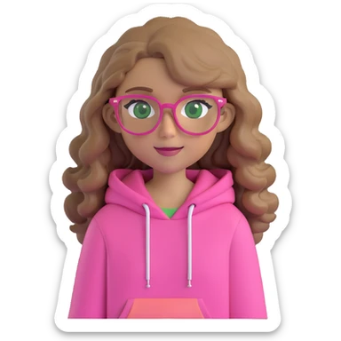 portrait of a girl, dark blonde wavy hair, green eyes, pink hoodie, brown glasses, cheerful look sticker