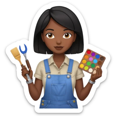 Créame emoji de una mujer que sea diseñadora industrial, pelo negra, piel morena, femenina con overol y una paleta de colores o herramientas de taller piel oscura chocolate  sticker