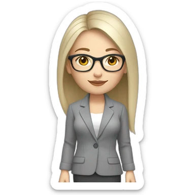 full height pale skin woman with cold blonde straight hair, care haircut, White blouse, Gray oversize jacket, Gray skirt and glasses glasses in a thin rim holding a color palette in the hands sticker