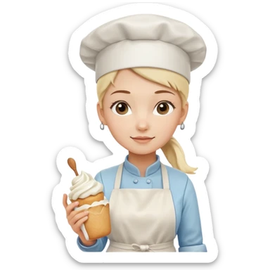 Young female pastry chef - single ponytail, apron, wearing a white hat, holding a cream bag sticker