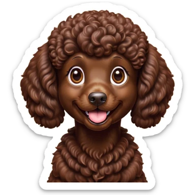 Cinematic Comical Chocolate Poodle Portrait Emoji, Head tilted dramatically with an exaggeratedly amused expression, featuring a glossy, curly chocolate Fur with a bouncy texture, wide, expressive brown eyes filled with playful disbelief, Simplified yet hilariously expressive features, highly detailed, glowing with a slightly sassy glow, high shine, dramatic yet playful, stylized with an air of cheeky mischief, bright and endearing, soft glowing outline, capturing the essence of a spirited and over-the-top companion, so meme-worthy it feels like it could side-eye its way into internet fame instantly! sticker