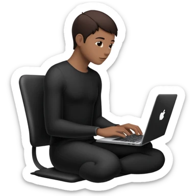 Minimalistic flat vector icon, iOS style, thin black contour on white background. Person silhouette sitting with a laptop, code brackets <> on the screen. Clean, no te sticker