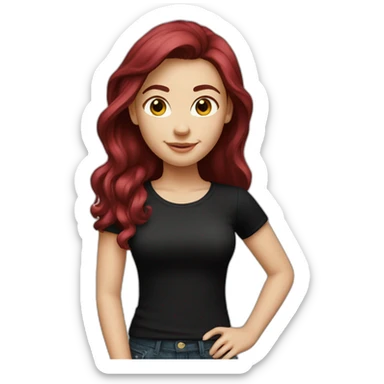 a white girl with burgundy hair in a black T-shirt sticker