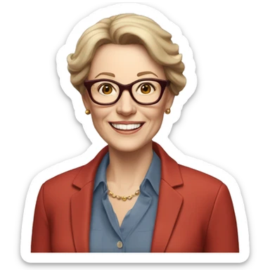 Woman in her 60s, with auburn hair, pale skin, glasses, brown eyes, smiling wearing a red blazer, collared shirt,  jeans sticker