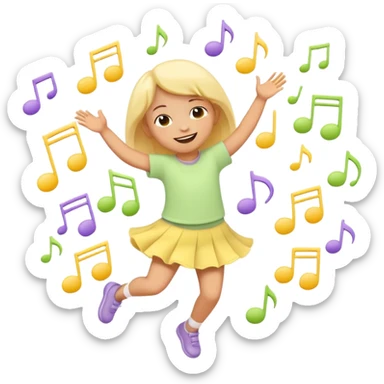 Flat illustration emoji of a small child dancing or moving joyfully to music, musical notes floating around, smiling expression, soft pastel colors (yellow, lavender, light green), rounded shapes, minimal details, child-friendly, warm and playful style sticker