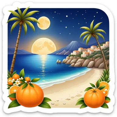 Moonlight on Mediterranean seashore with mandarin as fruits and flowers sticker