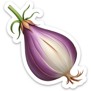 shallot, whole, unpeeled, teardrop shape, copper or mauve, papery skin, striations, glossy, dried stem, root strands, 3D clean style, transparent background, optimized for emoji size sticker