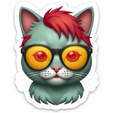 Zombie cat with red hair and sun glasses face sticker