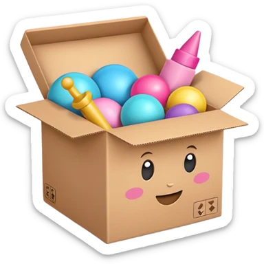 cardboard box with toys, pink sticker