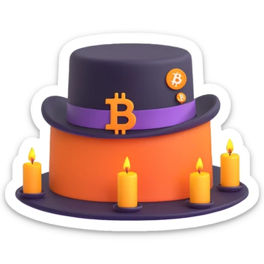 top hat emoji with hatband replaced by glowing Bitcoin symbol and small candlestick trading charts on brim sticker