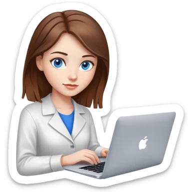 Beautiful programmer girl with brown hair and blue eyes working with MacBook sticker