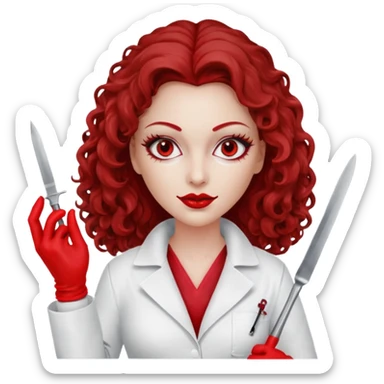 


Scary woman scalpel in hand, evil surgeon sexy surgeon clothes.  She has red eyes. Her  brown long curly hair. Wears sexy doctor outfit with red gloves. make her wear red ski mask  to hide. Wears white surgeon coat, wears  stilettos sticker