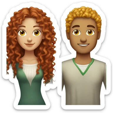 Couple. beautiful girl with red long curly hair and brown eyes. Handsome man with yellow curly hair and green eyes sticker