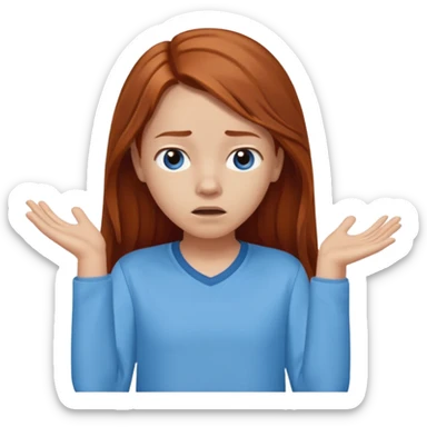 shrugging confused emoji tween long auburn hair light blue shirt with a darker blue L sticker