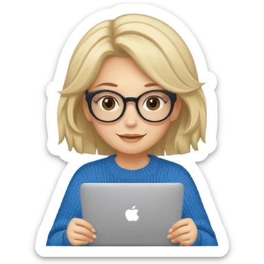 ragazza bionda sorridente con capelli molto lunghi, con occhiali tartarugati, occhi azzurri, con maglione beige, seduti alla scrivania che lavora al pc sticker