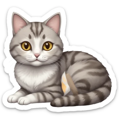 full body tiny short hair grey and white cat with white front legs anh azel eyes lying down sticker