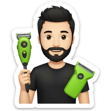 handsome young man, fair complexion, messy black hair and beard, smiling, black t-shirt, holding a single small true-to-size lime green face beard trimmer in one hand sticker