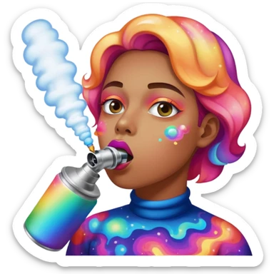 Emoji-style face inhaling from Galaxy Gas nitrous oxide canister, mouth on nozzle, kaleidoscope psychedelic eyes, colorful vapor swirling sticker
