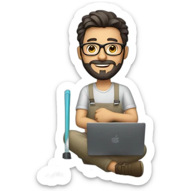 man with glasses, stubble beard, short dark hair, sitting working on macbook and holding a cleaning mop on his hand sticker