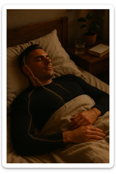 A cinematic close-up of a man in his early 30s sleeping peacefully on his back in a softly lit bedroom. His breathing is calm, chest rising slowly. The sheets are slightly crumpled, natural linen textures in warm beige tones. His face is relaxed, with faint light illuminating the side of his cheek and temple from a nearby window. Around his body, faint glowing lines follow the spine and head, symbolizing deep nervous system recovery and hormonal balance. On the nightstand: a glass of water, a book, and no electronics. The room is quiet and grounded, with natural elements like a small plant and a wooden headboard. Shot in 35mm cinematic style, with warm ambient tones, shallow depth of field, and a peaceful, healing atmosphere sticker