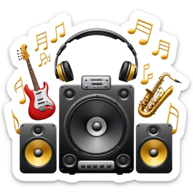Icon for R&B Music Listening: large concert speakers and headphones with waves of musical notes coming out, along with drums, bass guitar and saxophone. The icon should convey the energetic and rhythmic vibe of R&B music. Transparent background sticker