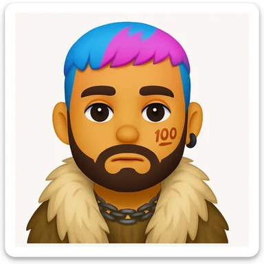 Create an emoji style image of a character with short blue and pink hair, beard, earrings, facial tattoo, wearing a fur coat, and natural skin tone. The style should resemble emoji style. sticker