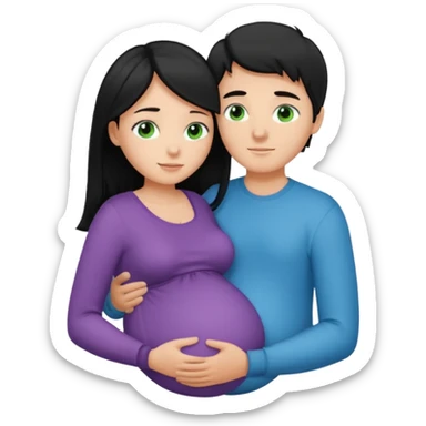Make a couple hugging the girl is white with long black hair with blue eyes. The girl is hugging a boy with light brown short hair with green eyes. The boz is pregnant  sticker