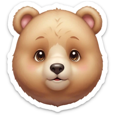 Cinematic cute soft bear, chubby round face, tiny ears, warm fuzzy fur, blushing cheeks, sparkling kind eyes, soft glowing background, heartwarming and huggable. sticker
