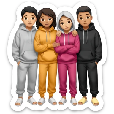 four mixed race friends all wearing oversized hoodies, sweatpants, and slides huddled together hugging sticker