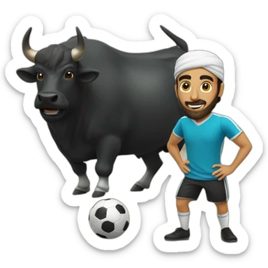 Arab guy playing soccer, a black bull stand in front of him sticker