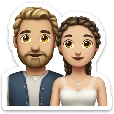 A man with dark brown hair and a beard married to a long brown haired women with pig tail braids  sticker