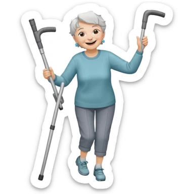 elderly woman with pants, short grey hair, laughing and dancing th crutches sticker