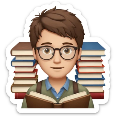 generate an ios genmoji of a fair 20 year guy with faint beard, spectacles, messy hair, books in hand sticker
