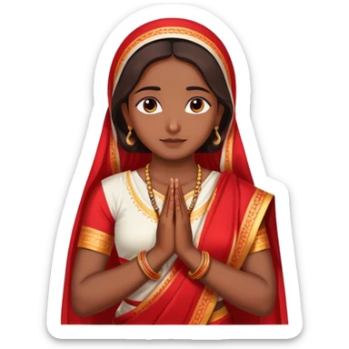Bengali girl wearing traditional red and white saree with hands joined in prayer position sticker