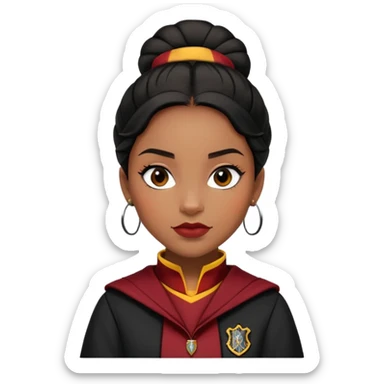 Angelina Johnson in harry potter, wear hogwarts gryfindor uniform,  thick, black bun hair , reflecting her bold, stylish, and strong personality sticker