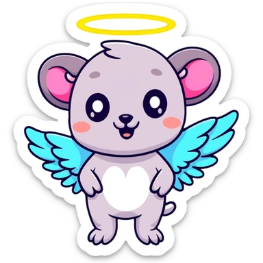 possum with angel wings, sparkles, glowing halo, vibrant neon colors, cute big eyes sticker