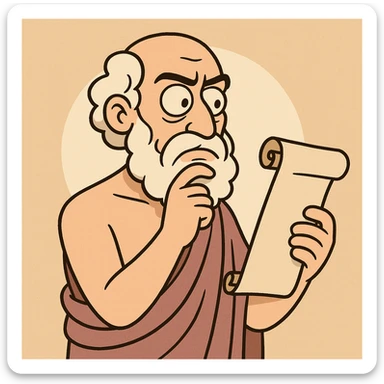 ancient Greek philosopher with thoughtful expression holding a scroll in classic cartoon style sticker