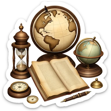 An icon featuring ancient scrolls, a quill pen, and large, old-fashioned sand clocks, symbolizing the study of history. The design includes a globe and a timeline with significant historical events, set against ruins to evoke past civilizations. Transparent background highlights the passage of time. sticker
