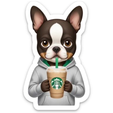 Boston Terrier holding a Starbucks drink wearing a hoodie sticker
