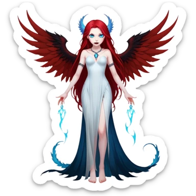 full body portrait of an extremely diabolical girl with pale white skin, massive towering wings, very long flowing blood red hair, glowing blue eyes, black hellfire aura, completely plain head with no accessories or features except hair, evil grin, no necklace sticker