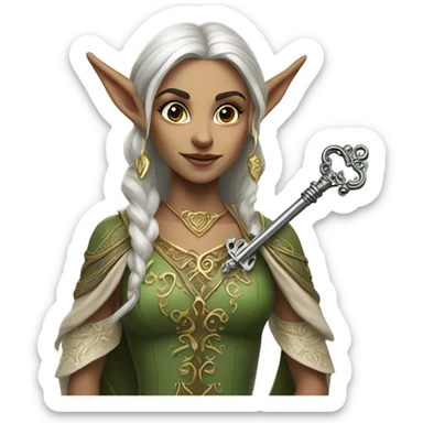 an elf woman login holding a big key sticker