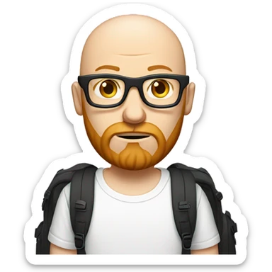 bald man with ginger beard and black thin glasses, sad face, white t-shirt, backpack with camera on his shoulder sticker