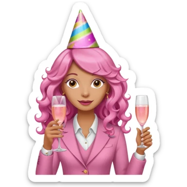 One lady with long pink curled hair and tan skin holding a glass of  pink champagne in each hand sticker