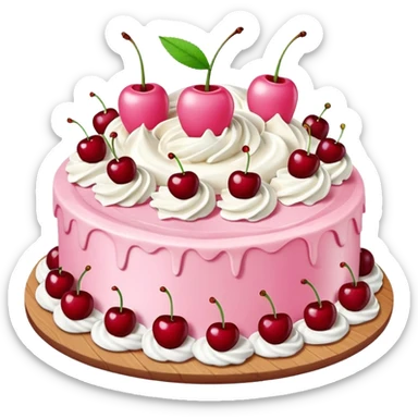 Round pink frosted cake with textured buttercream sides, placed on a plate cake board.
White whipped cream swirls on top, each topped with glossy red cherries with stems, clean studio lighting, isolated background, realistic minimal smooth emoji-style. sticker
