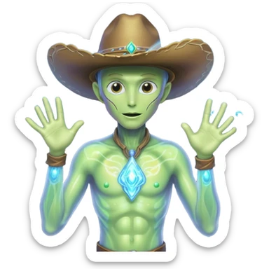 Portrait of an energy-based alien cowboy, translucent glowing body made of swirling light, holographic cowboy hat, sparks of energy floating around, dark background, cinematic lighting, ultra detailed sci-fi portrait
 sticker